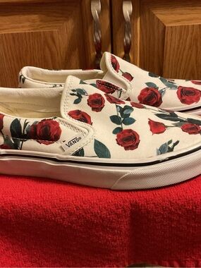 Vans White Slip-On Sneakers with Red Rose Print
